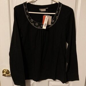 Coldwater Creek Elegant Black Long Sleeve Top with Embellished Neckline